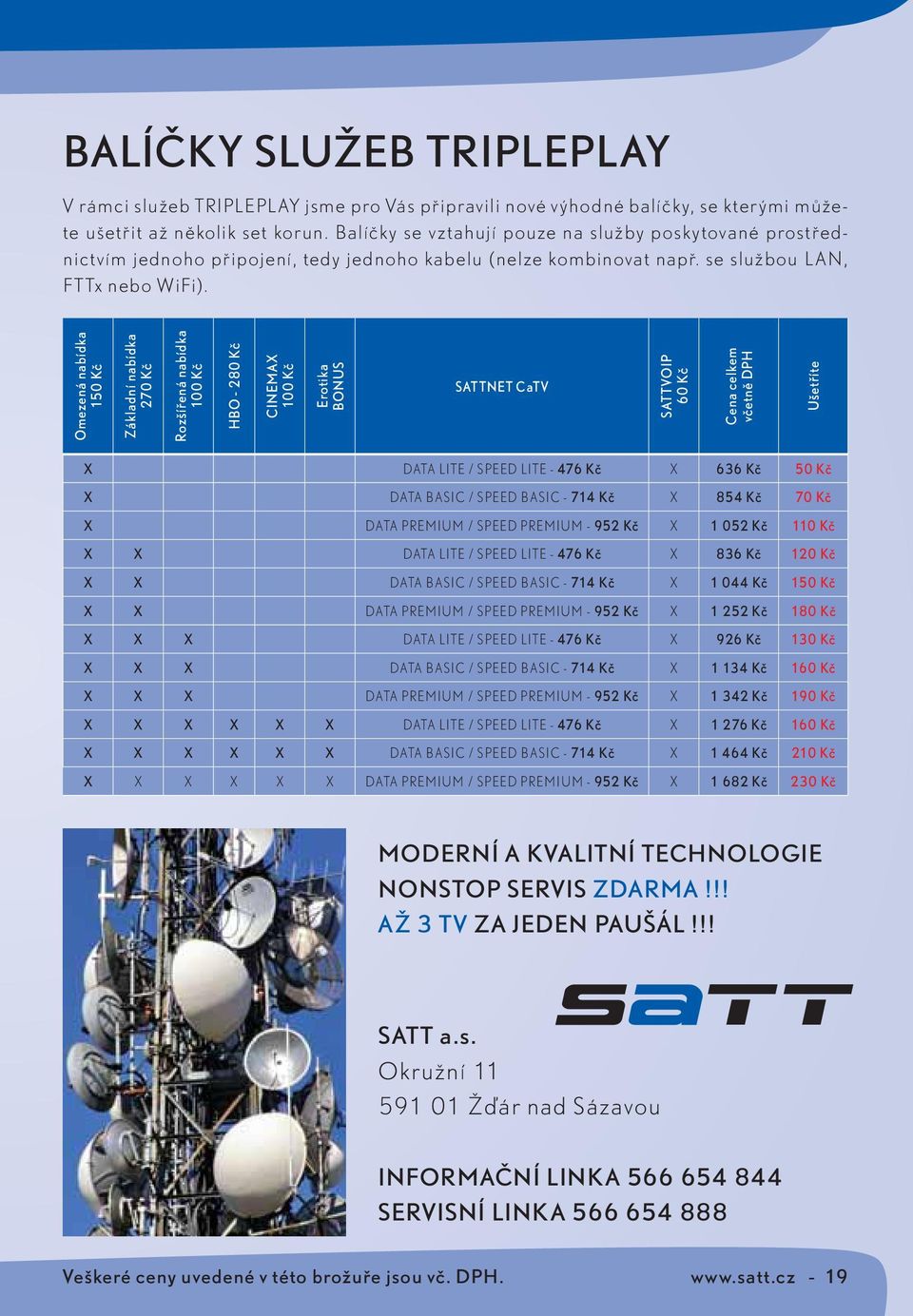 Omezená nabídka 150 Kč Základní nabídka 270 Kč Rozšířená nabídka 100 Kč HBO - 280 Kč CINEMAX 100 Kč Erotika BONUS SATTNET CaTV SATTVOIP 60 Kč Cena celkem včetně DPH Ušetříte X DATA LITE / SPEED LITE