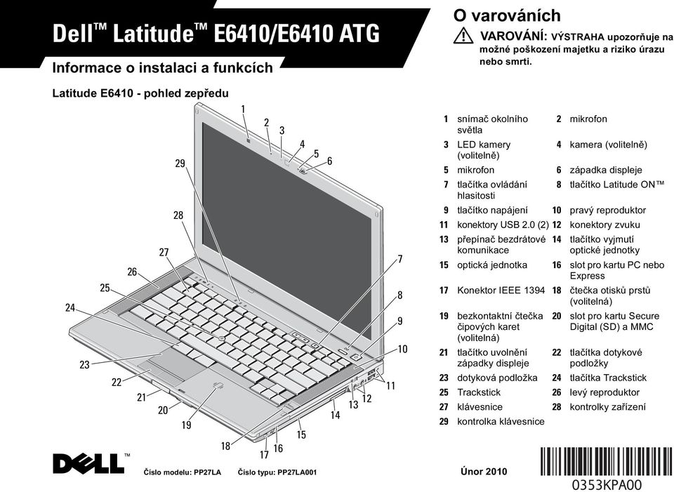 mikrofon 6 západka displeje 7 tlačítka ovládání 8 tlačítko Latitude ON hlasitosti 9 tlačítko napájení 10 pravý reproduktor 11 konektory USB 2.