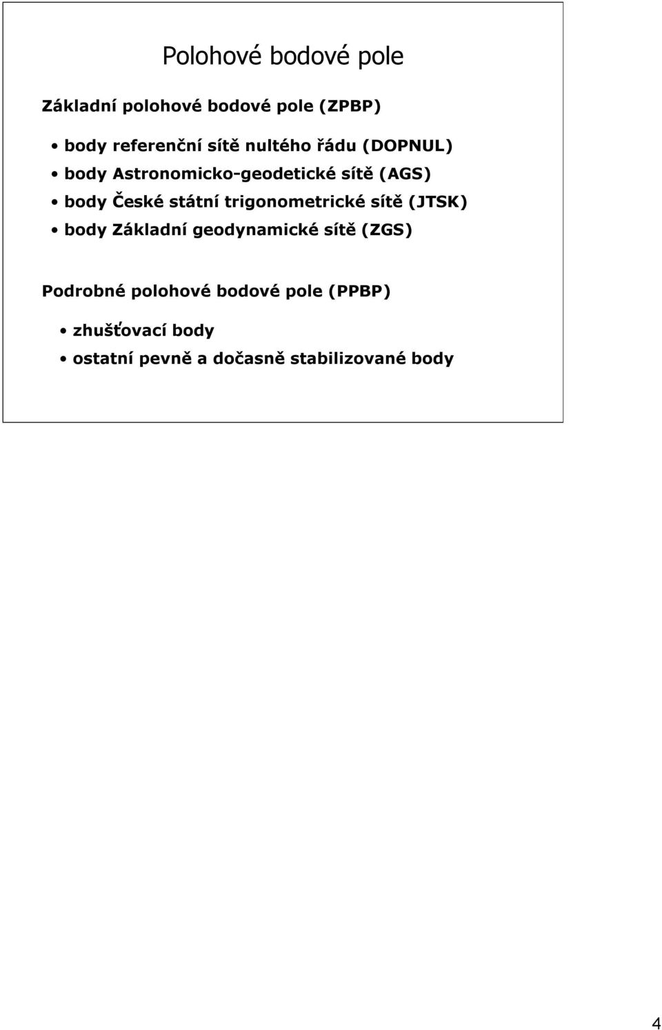 trigonometrické sítě (JTSK) body Základní geodynamické sítě (ZGS) Podrobné