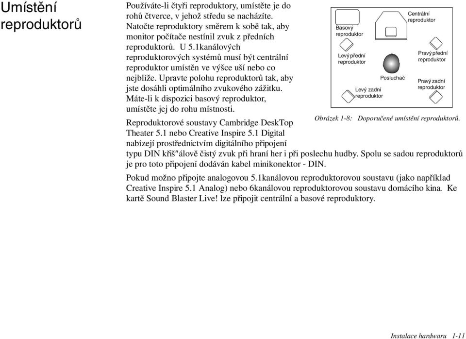 1kanálových reproduktorových systémů musí být centrální reproduktor umístěn ve výšce uší nebo co nejblíže. Upravte polohu reproduktorů tak, aby jste dosáhli optimálního zvukového zážitku.