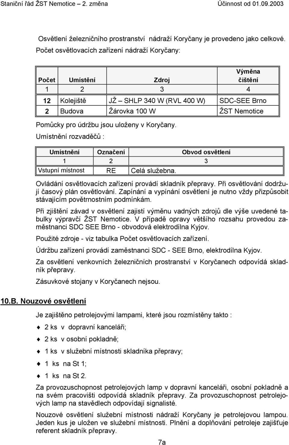 jsou uloženy v Koryčany. Umístnění rozvaděčů : Umístnění Označení Obvod osvětlení 1 2 3 Vstupní místnost RE Celá služebna. Ovládání osvětlovacích zařízení provádí skladník přepravy.