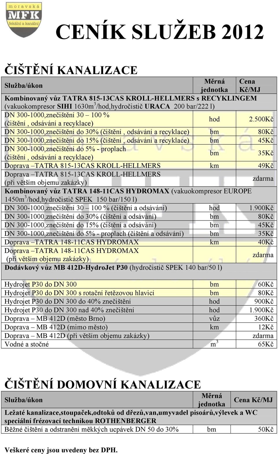 500Kč DN 300-1000,znečištění do 30% (čištění, odsávání a recyklace) 80Kč DN 300-1000,znečištění do 15% (čištění, odsávání a recyklace) 45Kč DN 300-1000,znečištění do 5% - proplach (čištění, odsávání