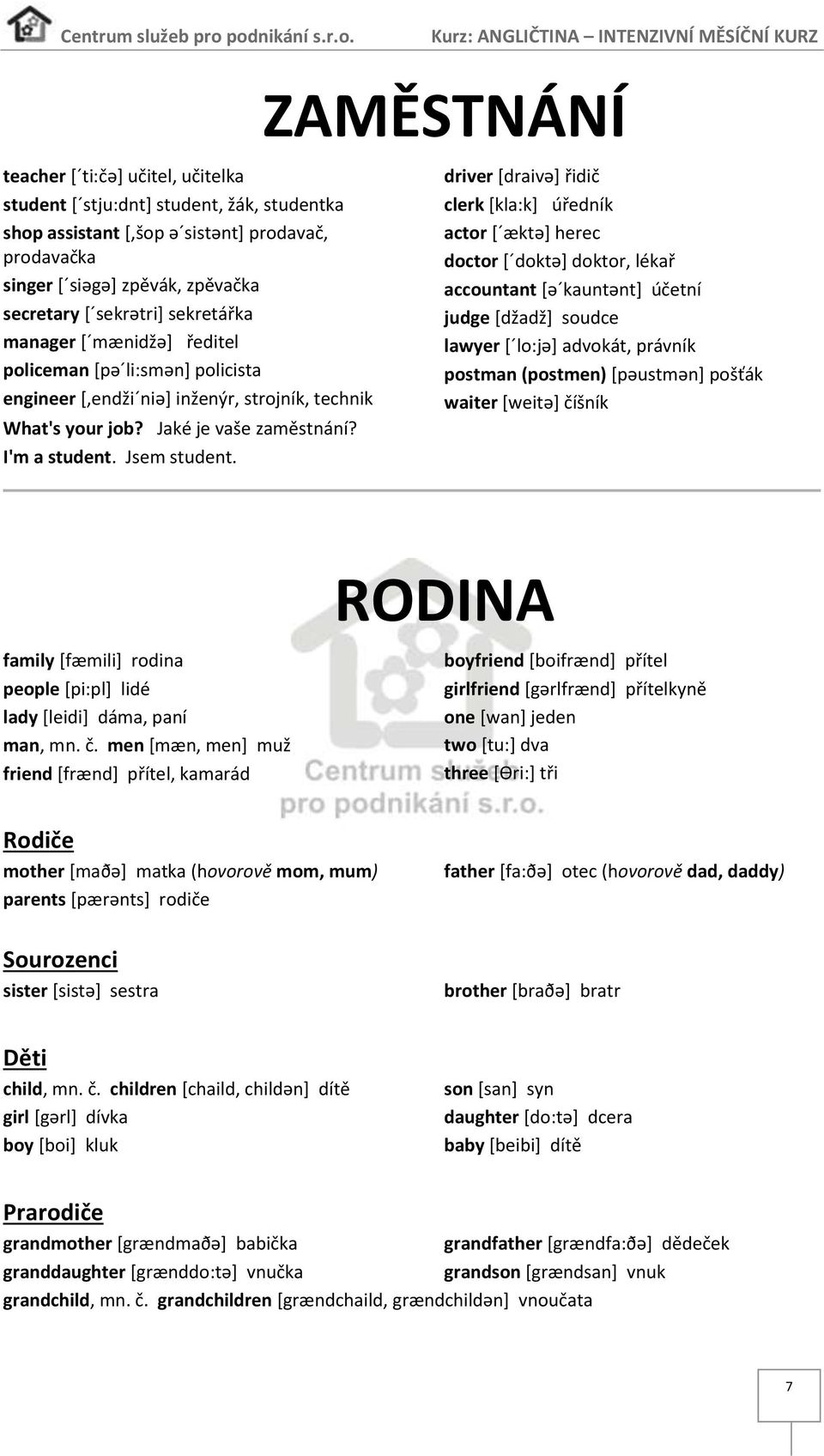 driver [draivə] řidič clerk [kla:k] úředník actor [ ӕktə] herec doctor [ doktə] doktor, lékař accountant [ə kauntənt] účetní judge [džadž] soudce lawyer [ lo:jə] advokát, právník postman (postmen)