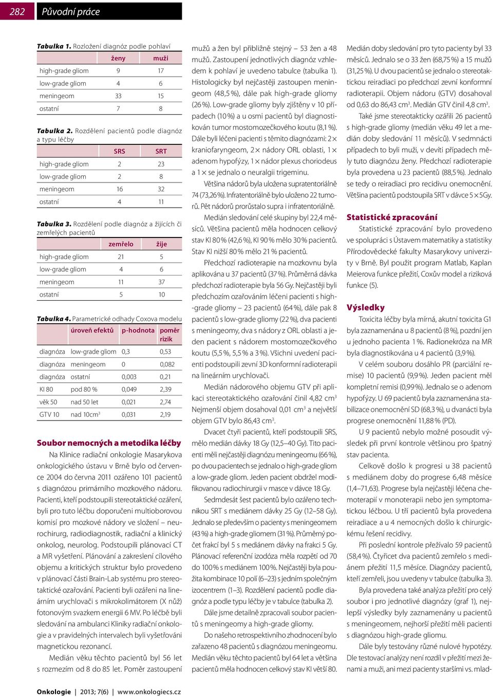 Rozdělení podle diagnóz a žijících či zemřelých pacientů zemřelo žije high-grade gliom 21 5 low-grade gliom 4 6 meningeom 11 37 ostatní 5 10 Tabulka 4.