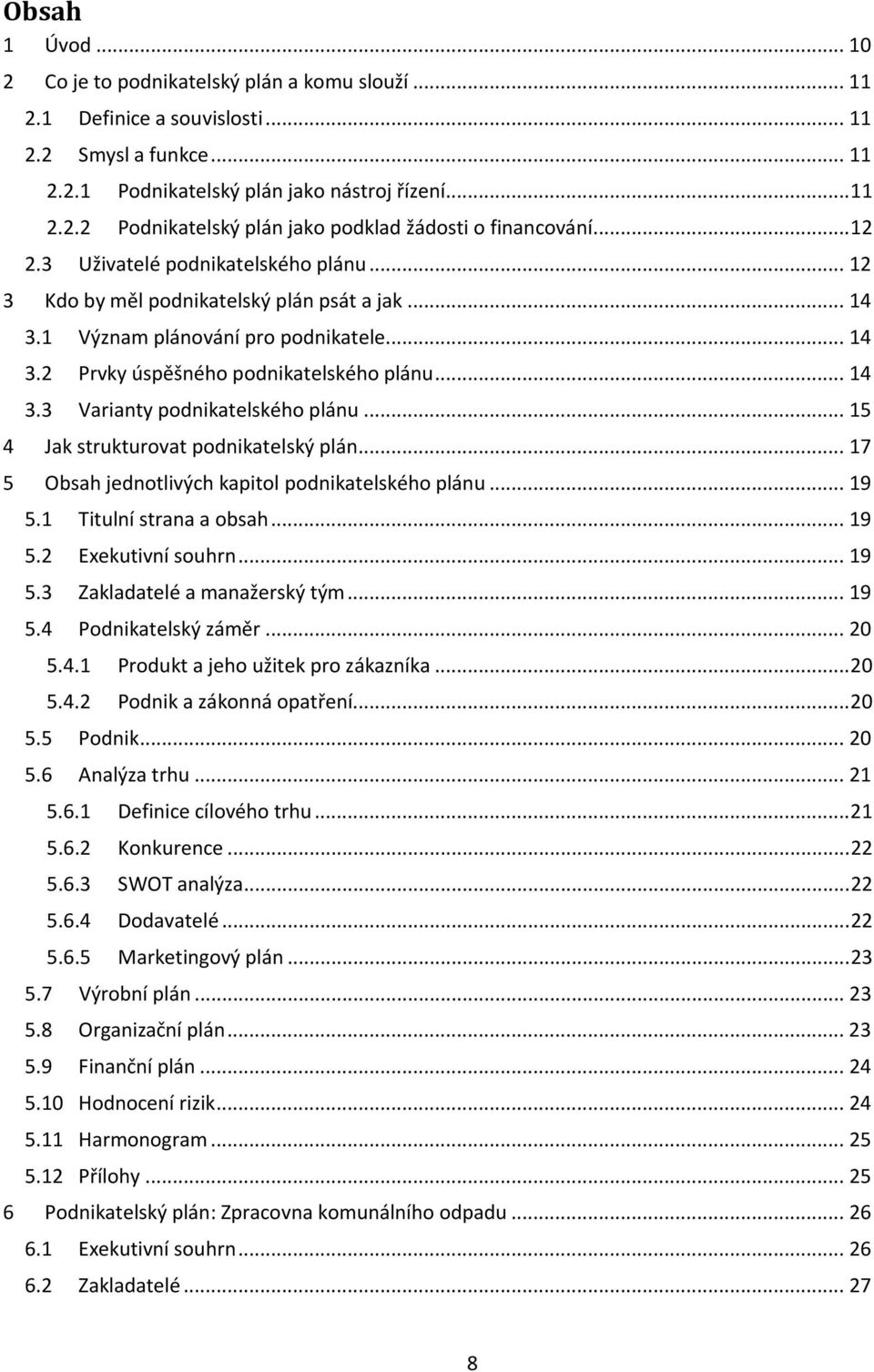 .. 15 4 Jak strukturovat podnikatelský plán... 17 5 Obsah jednotlivých kapitol podnikatelského plánu... 19 5.1 Titulní strana a obsah... 19 5.2 Exekutivní souhrn... 19 5.3 Zakladatelé a manažerský tým.