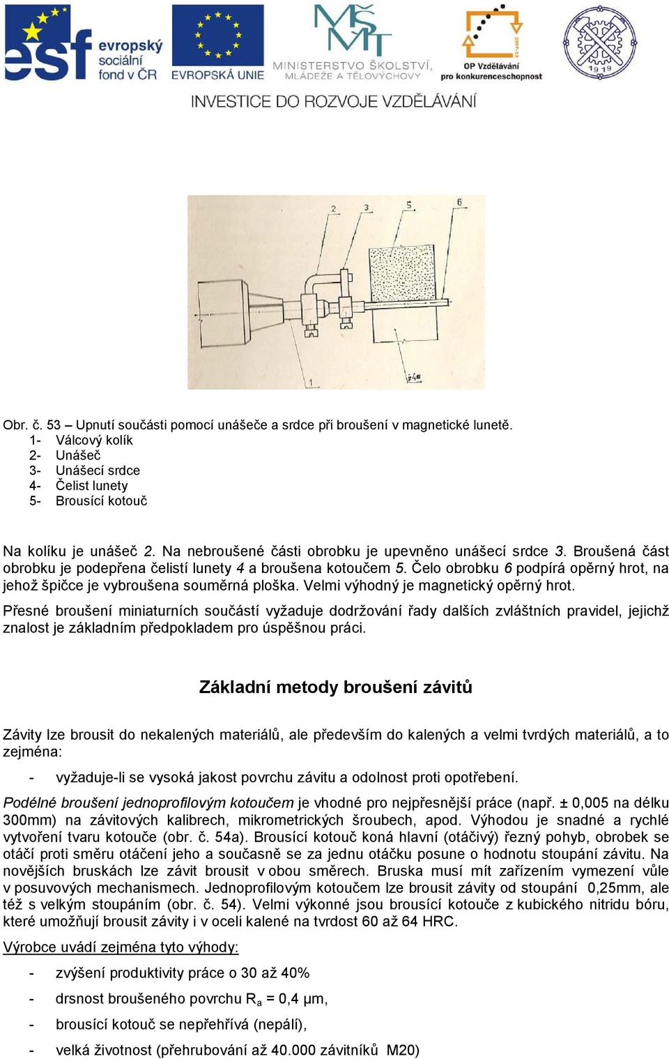 Čelo obrobku 6 podpírá opěrný hrot, na jehož špičce je vybroušena souměrná ploška. Velmi výhodný je magnetický opěrný hrot.