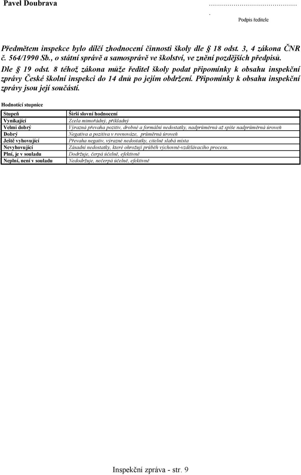 8 téhož zákona může ředitel školy podat připomínky k obsahu inspekční zprávy České školní inspekci do 14 dnů po jejím obdržení. Připomínky k obsahu inspekční zprávy jsou její součástí.