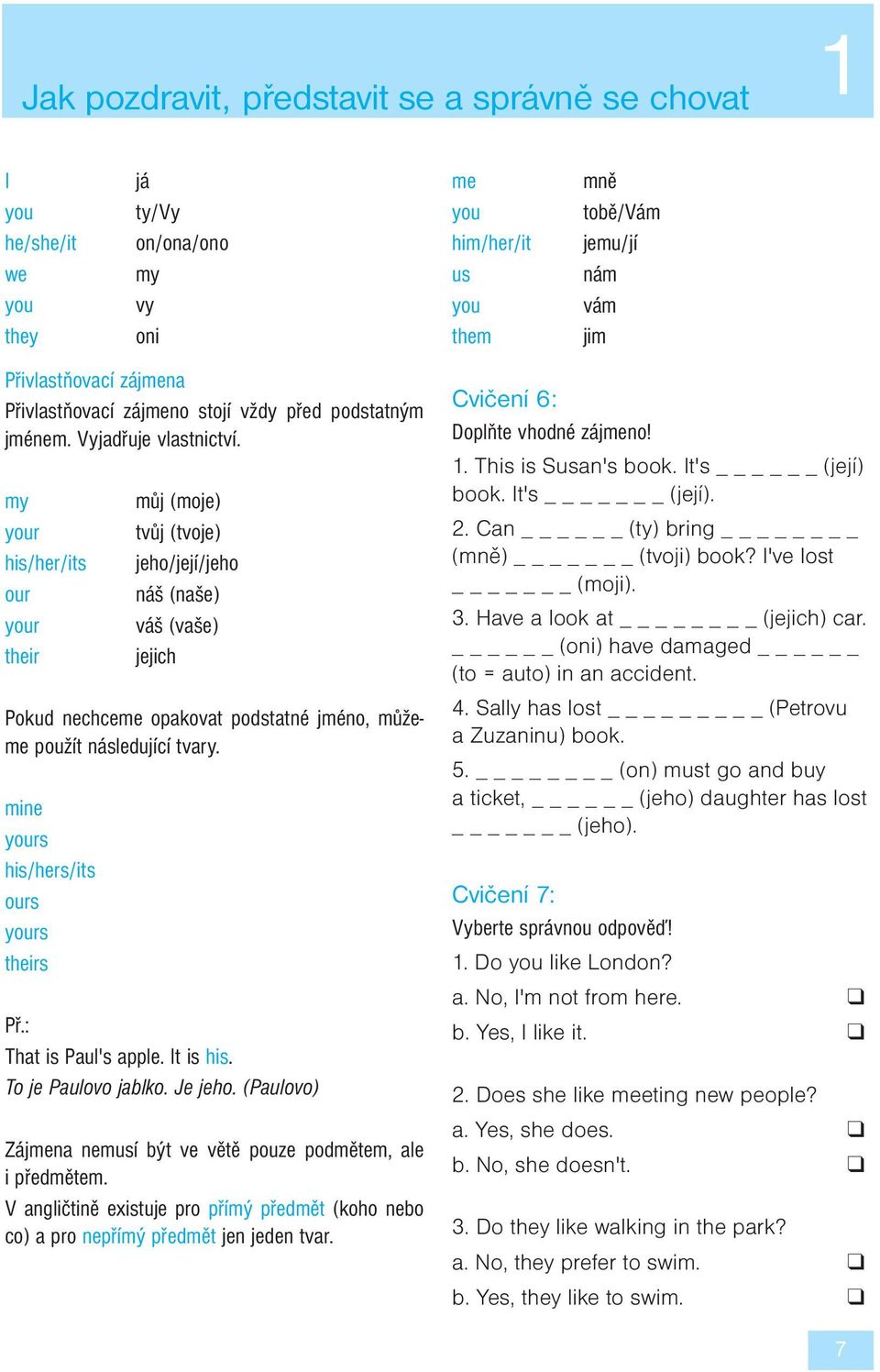mine yours his/hers/its ours yours theirs Př.: That is Paul's apple. It is his. To je Paulovo jablko. Je jeho. (Paulovo) Zájmena nemusí být ve větě pouze podmětem, ale i předmětem.