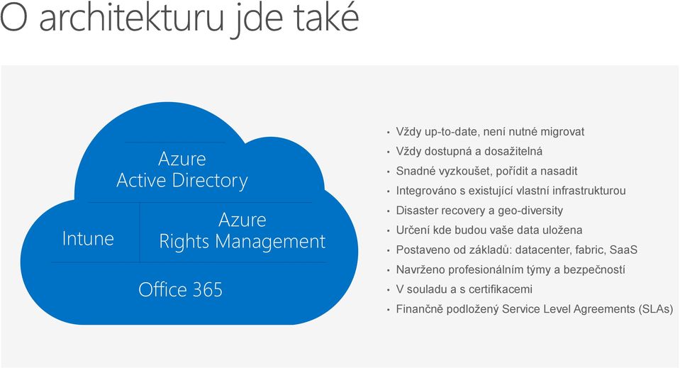 Disaster recovery a geo-diversity Určení kde budou vaše data uložena Postaveno od základů: datacenter, fabric,