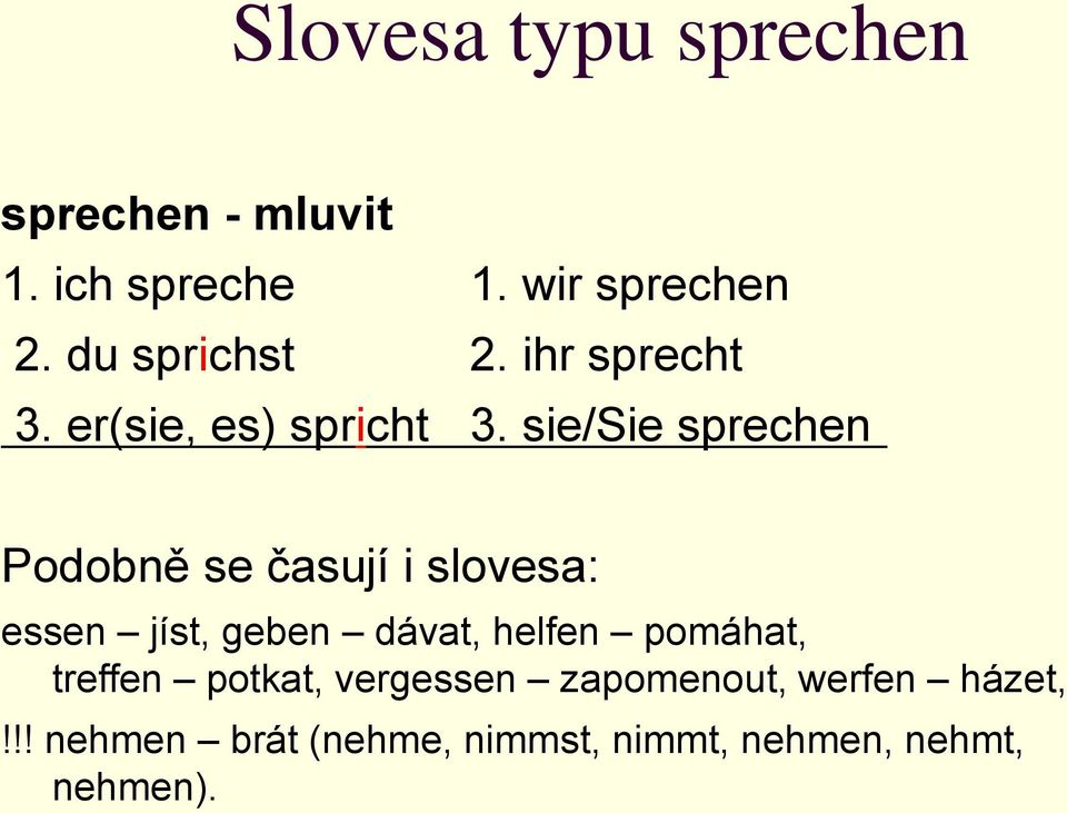 sie/sie sprechen Podobně se časují i slovesa: essen jíst, geben dávat, helfen