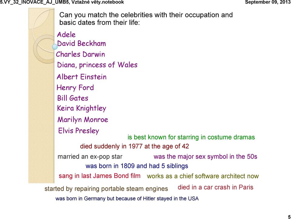 major sex symbol in the 50s was born in 1809 and had 5 siblings sang in last James Bond film works as a chief software architect