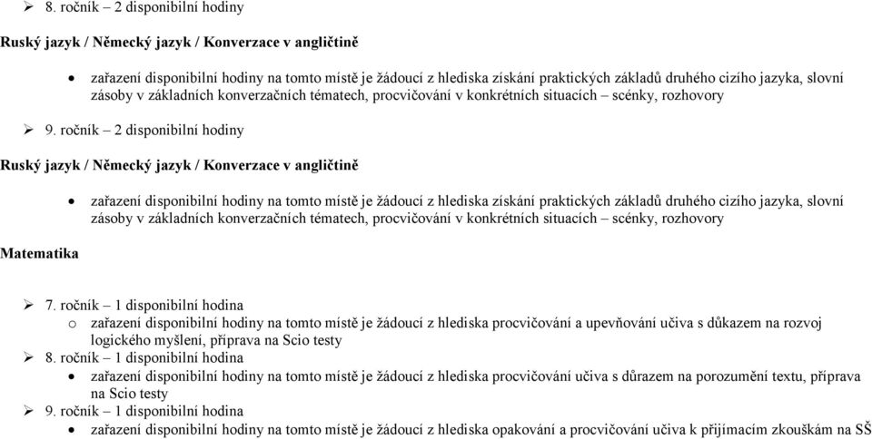 ročník 2 disponibilní hodiny Ruský jazyk / Německý jazyk / Konverzace v angličtině zařazení disponibilní hodiny na tomto místě je žádoucí z hlediska získání praktických základů druhého cizího jazyka,