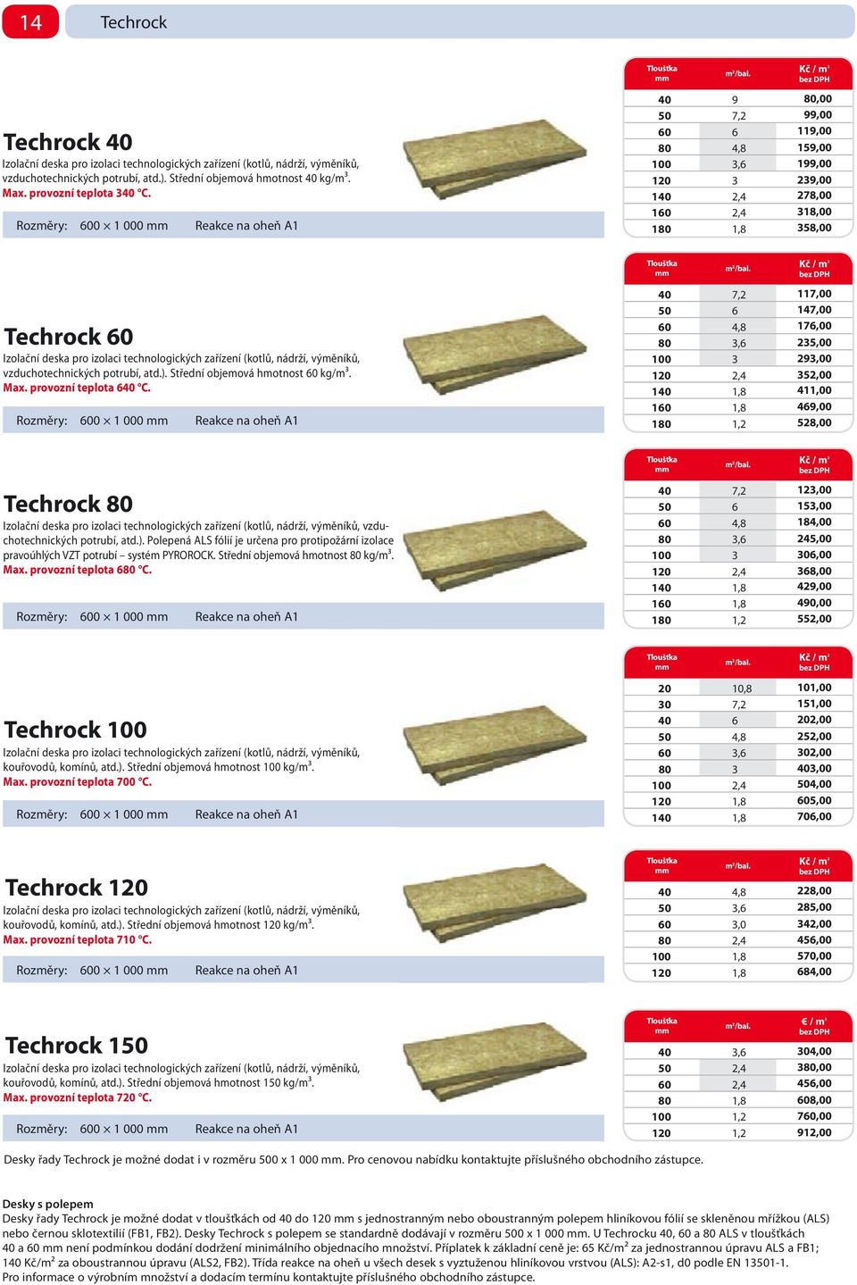 600 1 000 Kč / m 2 40 9 80,00 50 7,2 99,00 60 6 119,00 80 4,8 159,00 100 3,6 199,00 120 3 239,00 140 2,4 278,00 160 2,4 318,00 180 1,8 358,00 Techrock 60 Izolační deska pro izolaci technologických