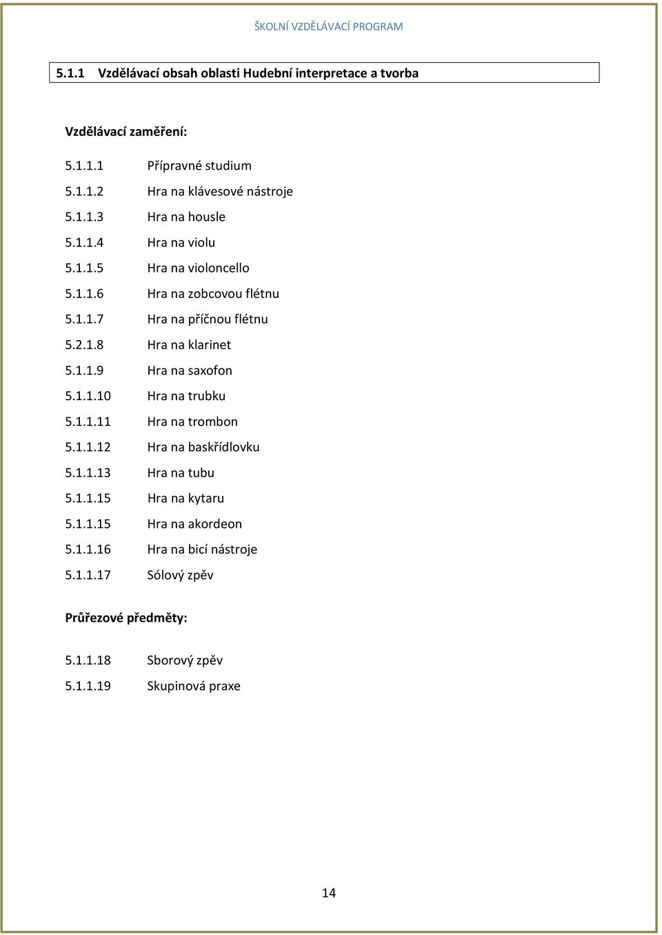 1.1.10 Hra na trubku 5.1.1.11 Hra na trombon 5.1.1.12 Hra na baskřídlovku 5.1.1.13 Hra na tubu 5.1.1.15 Hra na kytaru 5.1.1.15 Hra na akordeon 5.1.1.16 Hra na bicí nástroje 5.