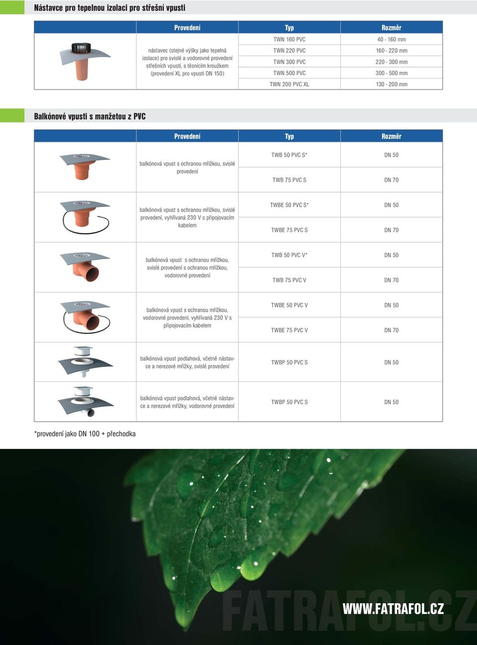 balkónová vpust s ochranou mřížkou, svislé provedení TWB 50 PVC S* DN 50 TWB 75 PVC S DN 70 balkónová vpust s ochranou mřížkou, svislé provedení, vyhřívaná 230 V s připojovacím kabelem TWBE 50 PVC S*