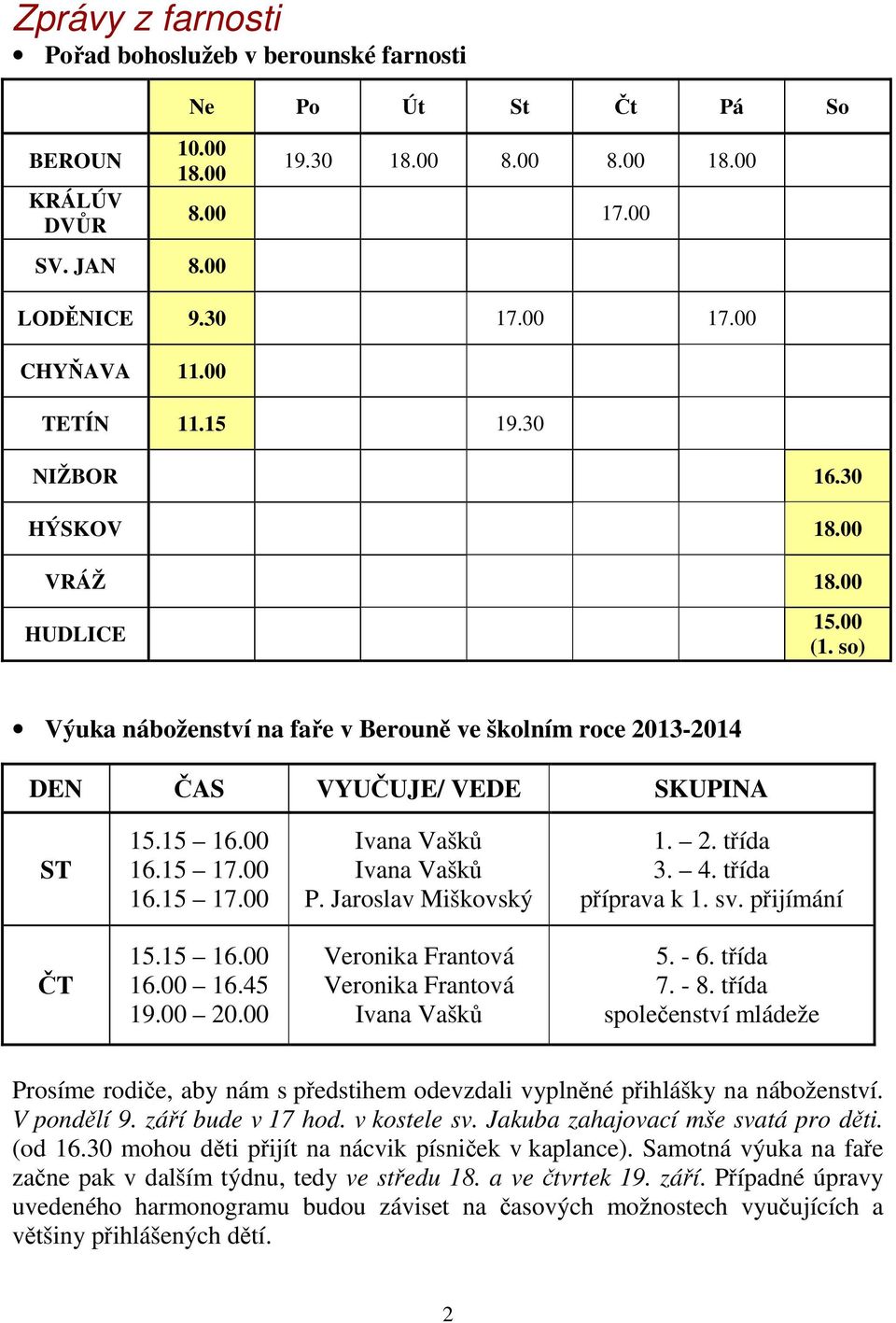 00 16.15 17.00 Ivana Vašků Ivana Vašků P. Jaroslav Miškovský 1. 2. třída 3. 4. třída příprava k 1. sv. přijímání ČT 15.15 16.00 16.00 16.45 19.00 20.