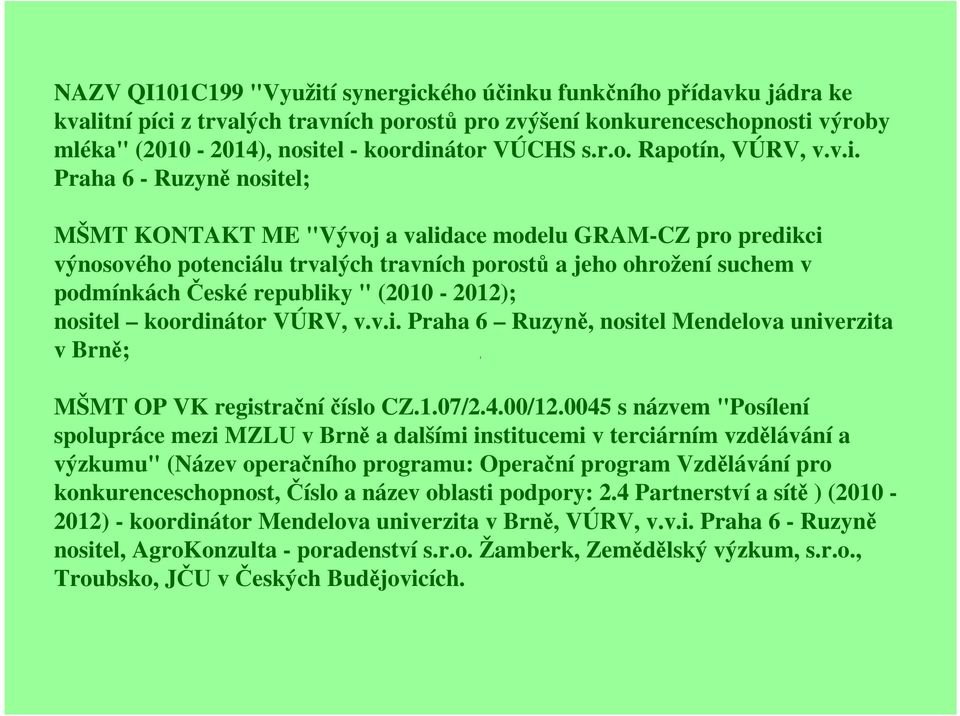 Praha 6 - Ruzyně nositel; MŠMT KONTAKT ME "Vývoj a validace modelu GRAM-CZ pro predikci výnosového potenciálu trvalých travních porostů a jeho ohrožení suchem v podmínkách České republiky "