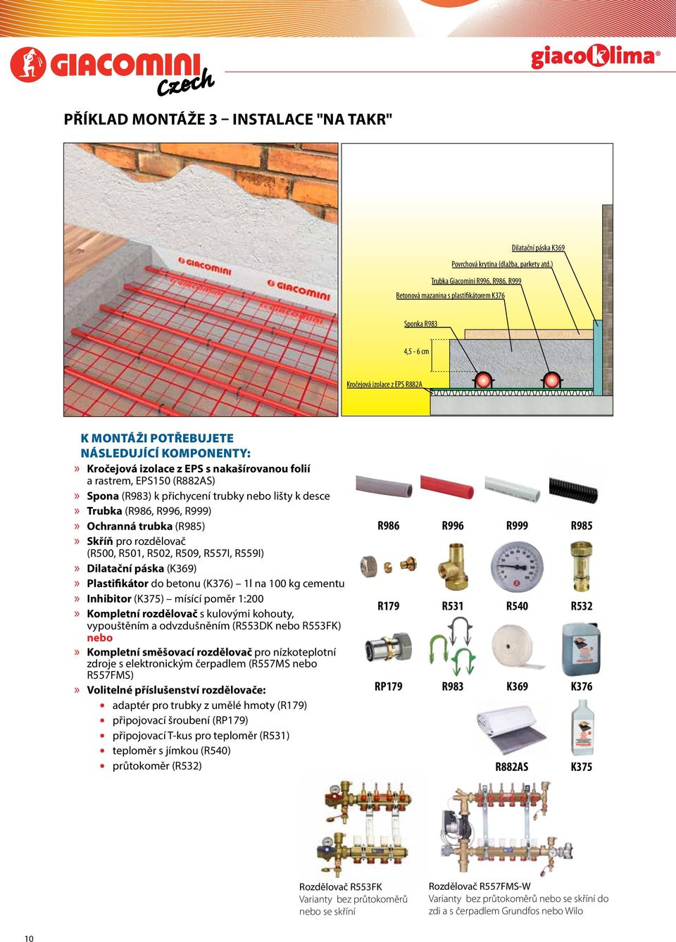) Trubka Giacomini R996, R986, R999 Betonová mazanina s plastifikátorem K376 Sponka R983 4,5-6 cm Kročejová izolace z EPS R882A K MONTÁŽI POTŘEBUJETE NÁSLEDUJÍCÍ KOMPONENTY: Kročejová izolace z EPS s