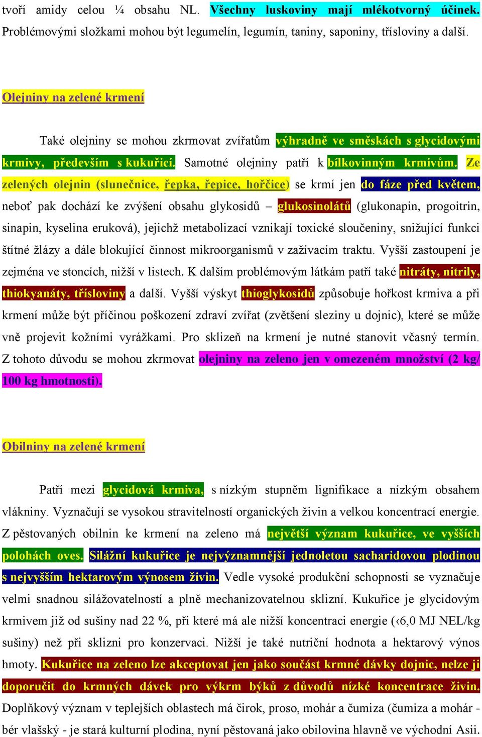 Ze zelených olejnin (slunečnice, řepka, řepice, hořčice) se krmí jen do fáze před květem, neboť pak dochází ke zvýšení obsahu glykosidů glukosinolátů (glukonapin, progoitrin, sinapin, kyselina