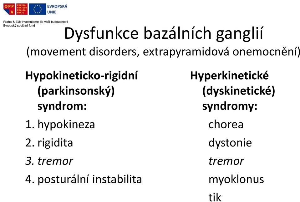 hypokineza 2. rigidita 3. tremor 4.