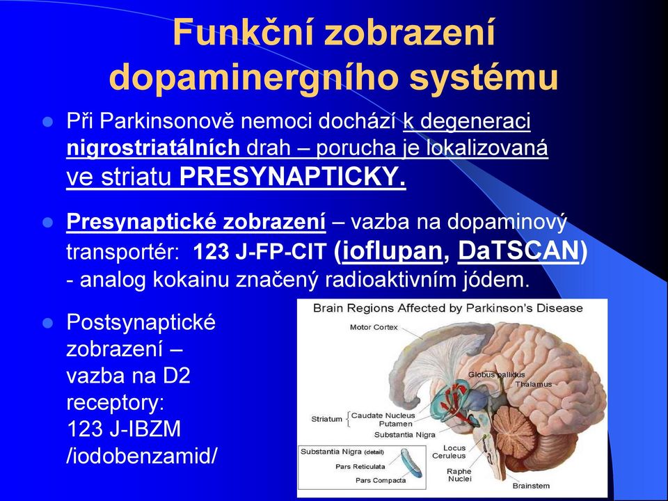 Presynaptické zobrazení vazba na dopaminový transportér: 123 J-FP-CIT (ioflupan, DaTSCAN) -