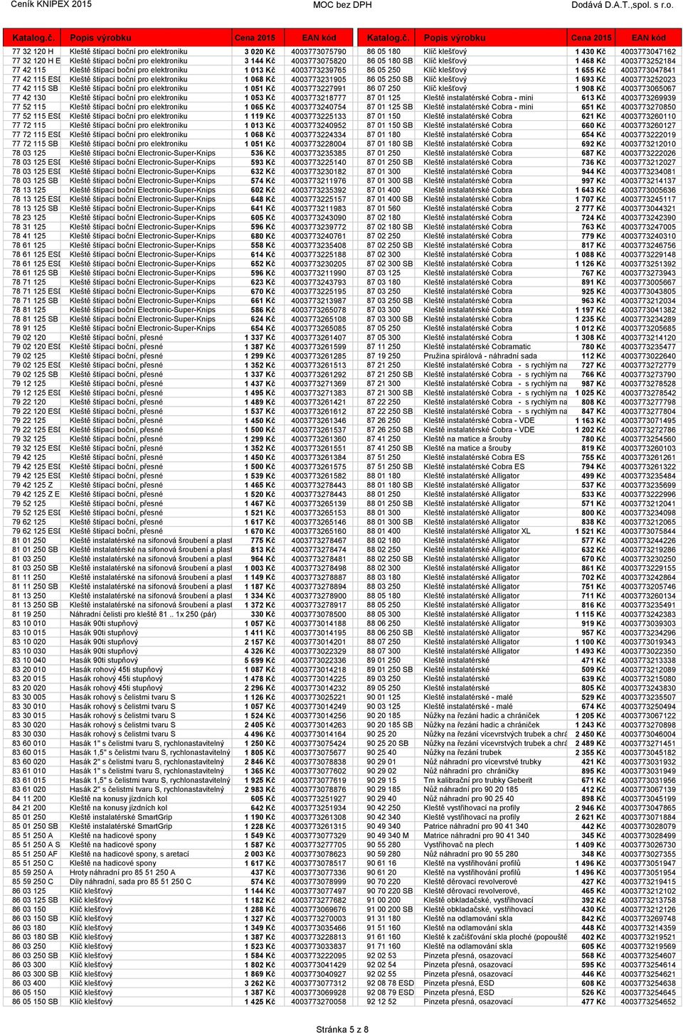 elektroniku 1 068 Kč 4003773231905 86 05 250 SB Klíč klešťový 1 693 Kč 4003773252023 77 42 115 SB Kleště štípací boční pro elektroniku 1 051 Kč 4003773227991 86 07 250 Klíč klešťový 1 908 Kč