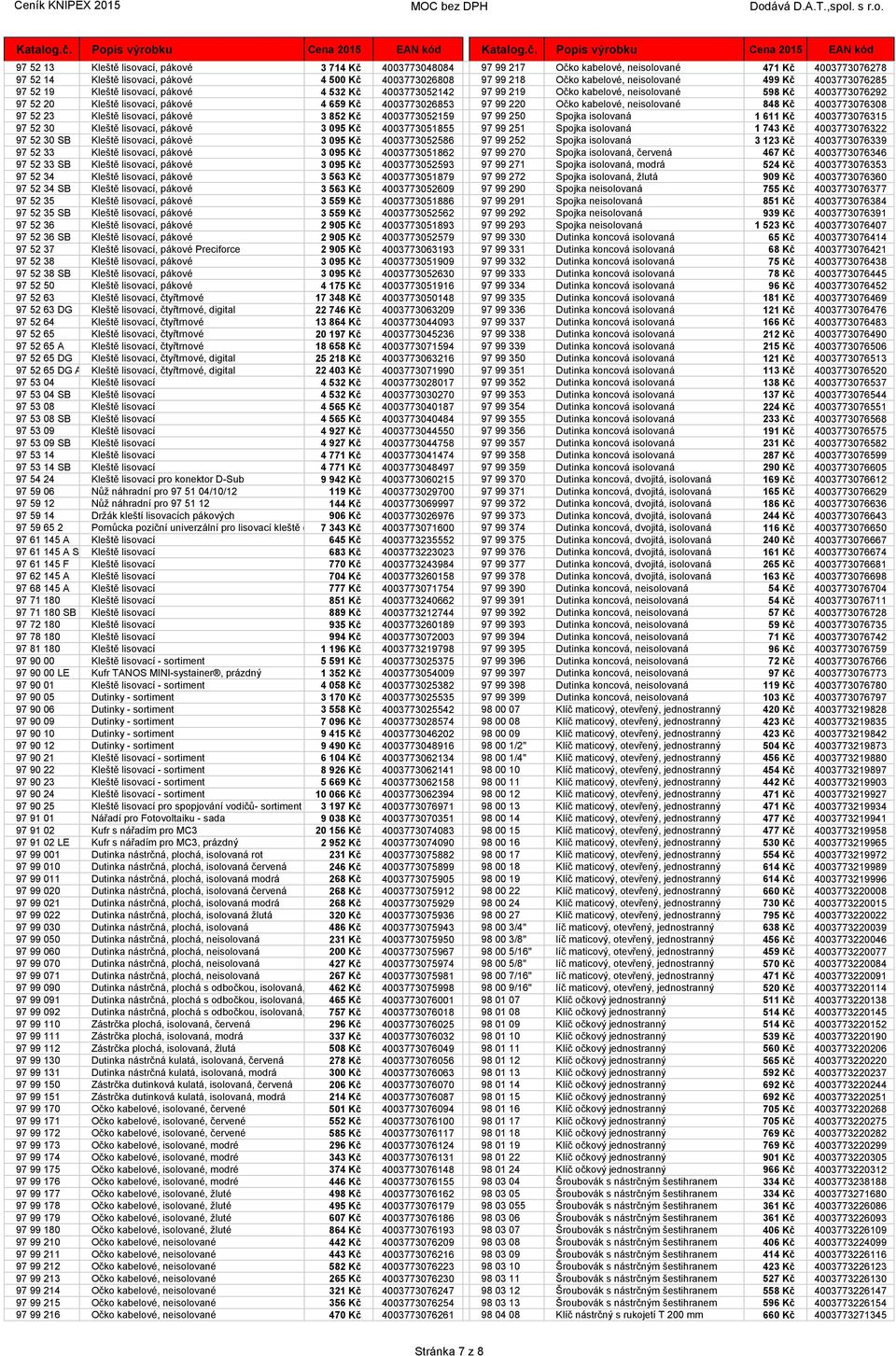 4003773026853 97 99 220 Očko kabelové, neisolované 848 Kč 4003773076308 97 52 23 Kleště lisovací, pákové 3 852 Kč 4003773052159 97 99 250 Spojka isolovaná 1 611 Kč 4003773076315 97 52 30 Kleště