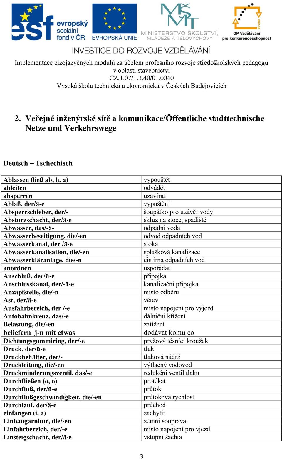 Abwasserkläranlage, die/-n anordnen Anschluß, der/ü-e Anschlusskanal, der/-ä-e Anzapfstelle, die/-n Ast, der/ä-e Ausfahrbereich, der /-e Autobahnkreuz, das/-e Belastung, die/-en beliefern j-n mit