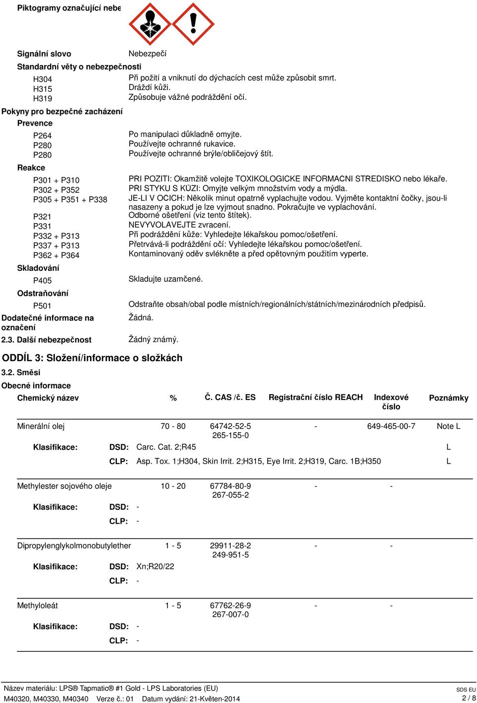 Pokyny pro bezpečné zacházení Prevence P264 P280 P280 Reakce P301 + P310 P302 + P352 P305 + P351 + P338 P321 P331 P332 + P313 P337 + P313 P362 + P364 Skladování P405 Odstraňování P501 Dodatečné