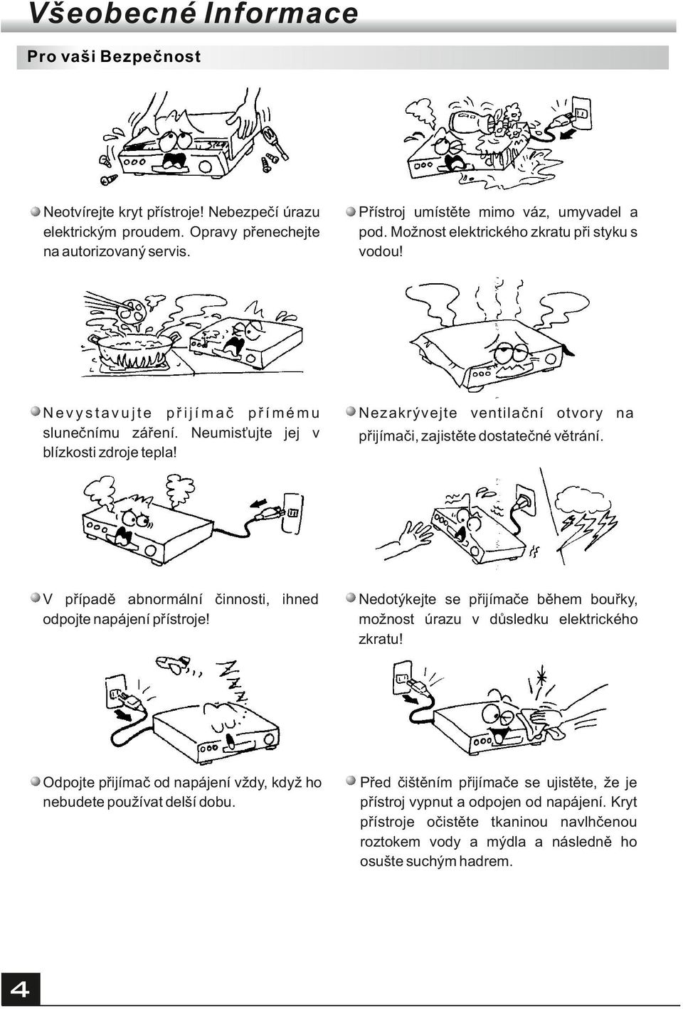 Nezakrývejte ventilační otvory na V případě abnormální činnosti, ihned odpojte napájení přístroje! Nedotýkejte se přijímače během bouřky, možnost úrazu v důsledku elektrického zkratu!