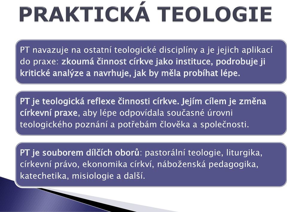 Jejím cílem je změna církevní praxe, aby lépe odpovídala současné úrovni teologického poznání a potřebám člověka a