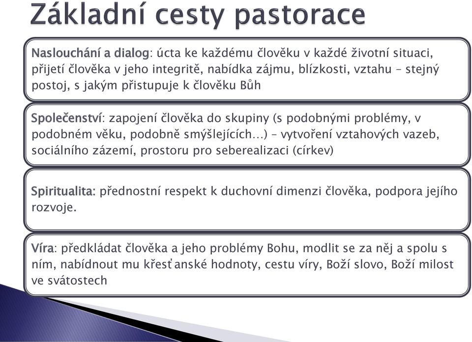 vztahových vazeb, sociálního zázemí, prostoru pro seberealizaci (církev) Spiritualita: přednostní respekt k duchovní dimenzi člověka, podpora jejího