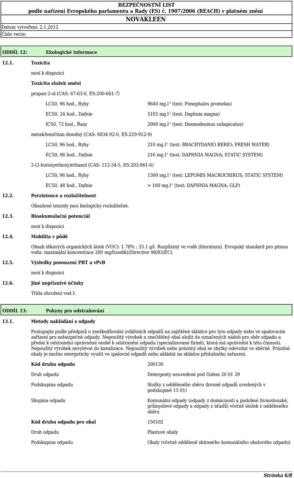 , Dafnie 210 mg.l -1 (test: BRACHYDANIO RERIO; FRESH WATER) 216 mg.l -1 (test: DAPHNIA MAGNA; STATIC SYSTEM) 2-(2-butoxyethoxy)ethanol (CAS: 112-34-5, ES:203-961-6) LC50, 96 hod., Ryby EC50, 48 hod.