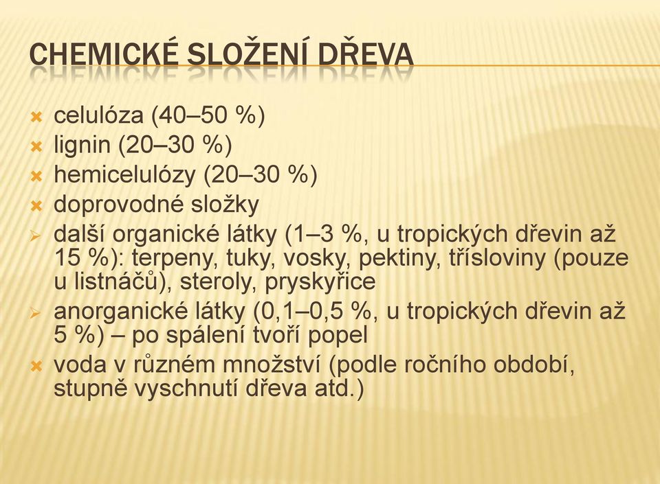 třísloviny (pouze u listnáčů), steroly, pryskyřice anorganické látky (0,1 0,5 %, u tropických