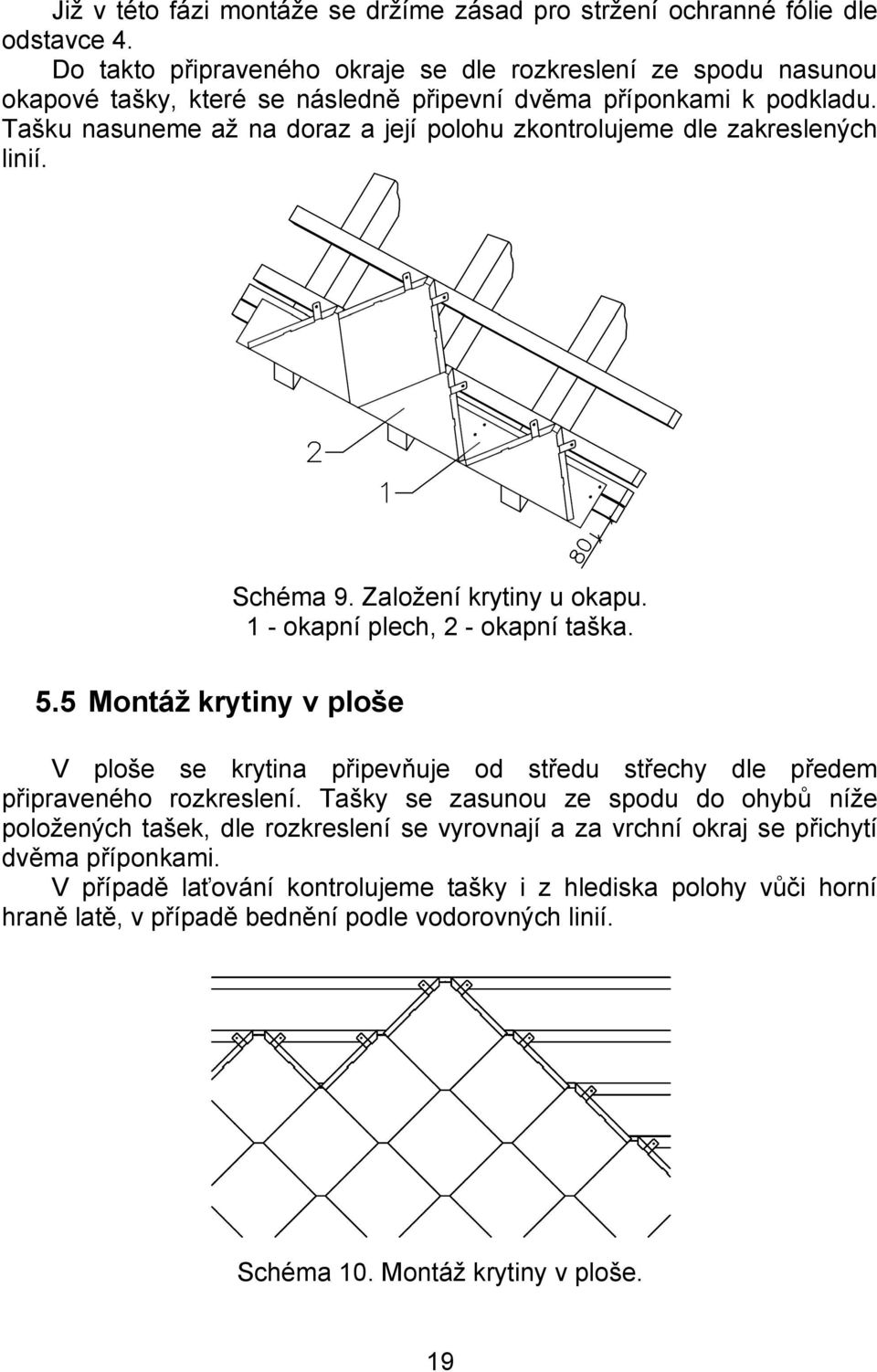 Tašku nasuneme až na doraz a její polohu zkontrolujeme dle zakreslených linií. Schéma 9. Založení krytiny u okapu. 1 - okapní plech, 2 - okapní taška. 5.