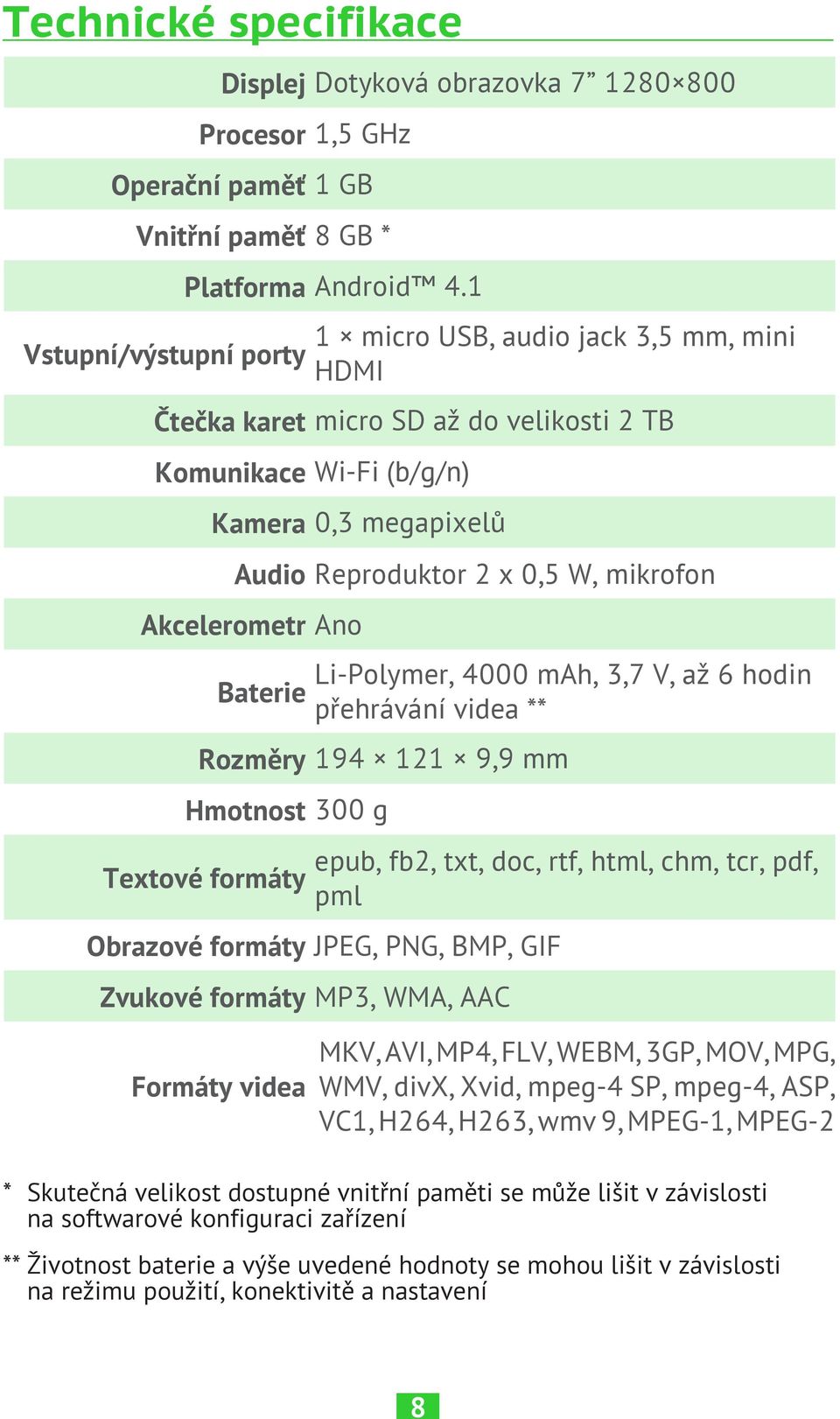 Li-Polymer, 4000 mah, 3,7 V, až 6 hodin přehrávání videa ** Rozměry 194 121 9,9 mm Hmotnost 300 g Textové formáty epub, fb2, txt, doc, rtf, html, chm, tcr, pdf, pml Obrazové formáty JPEG, PNG, BMP,