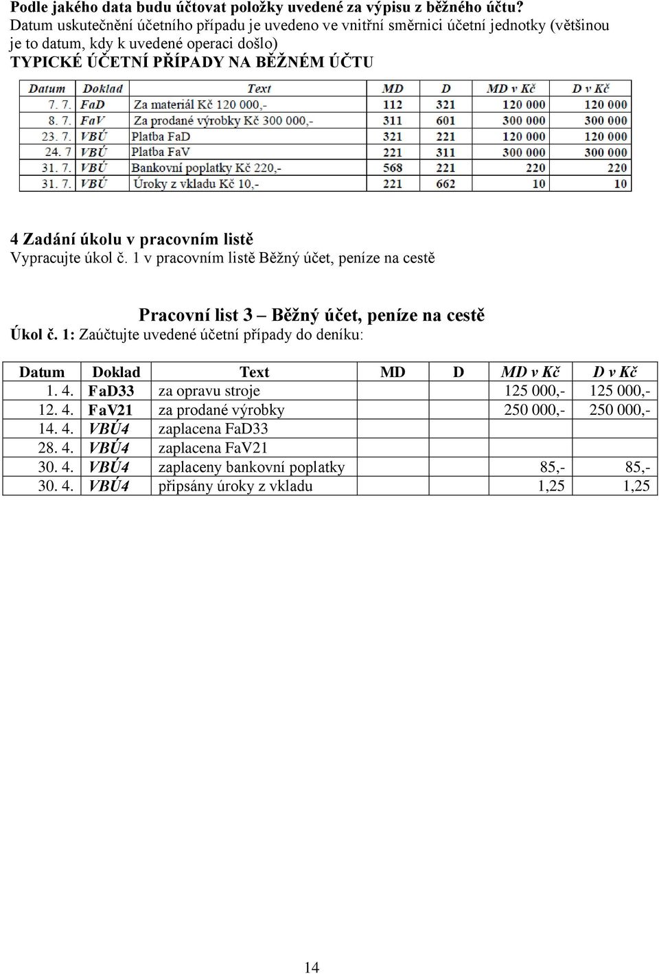 úkolu v pracovním listě Vypracujte úkol č. 1 v pracovním listě Běžný účet, peníze na cestě Pracovní list 3 Běžný účet, peníze na cestě Úkol č.