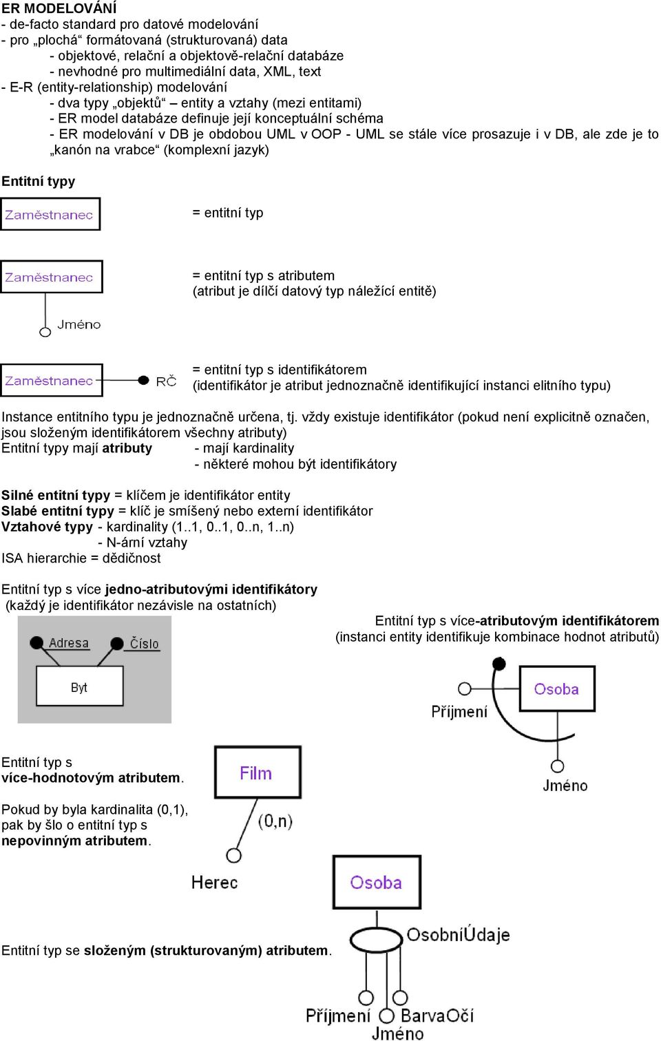 více prosazuje i v DB, ale zde je to kanón na vrabce (komplexní jazyk) Entitní typy = entitní typ = entitní typ s atributem (atribut je dílčí datový typ náležící entitě) = entitní typ s