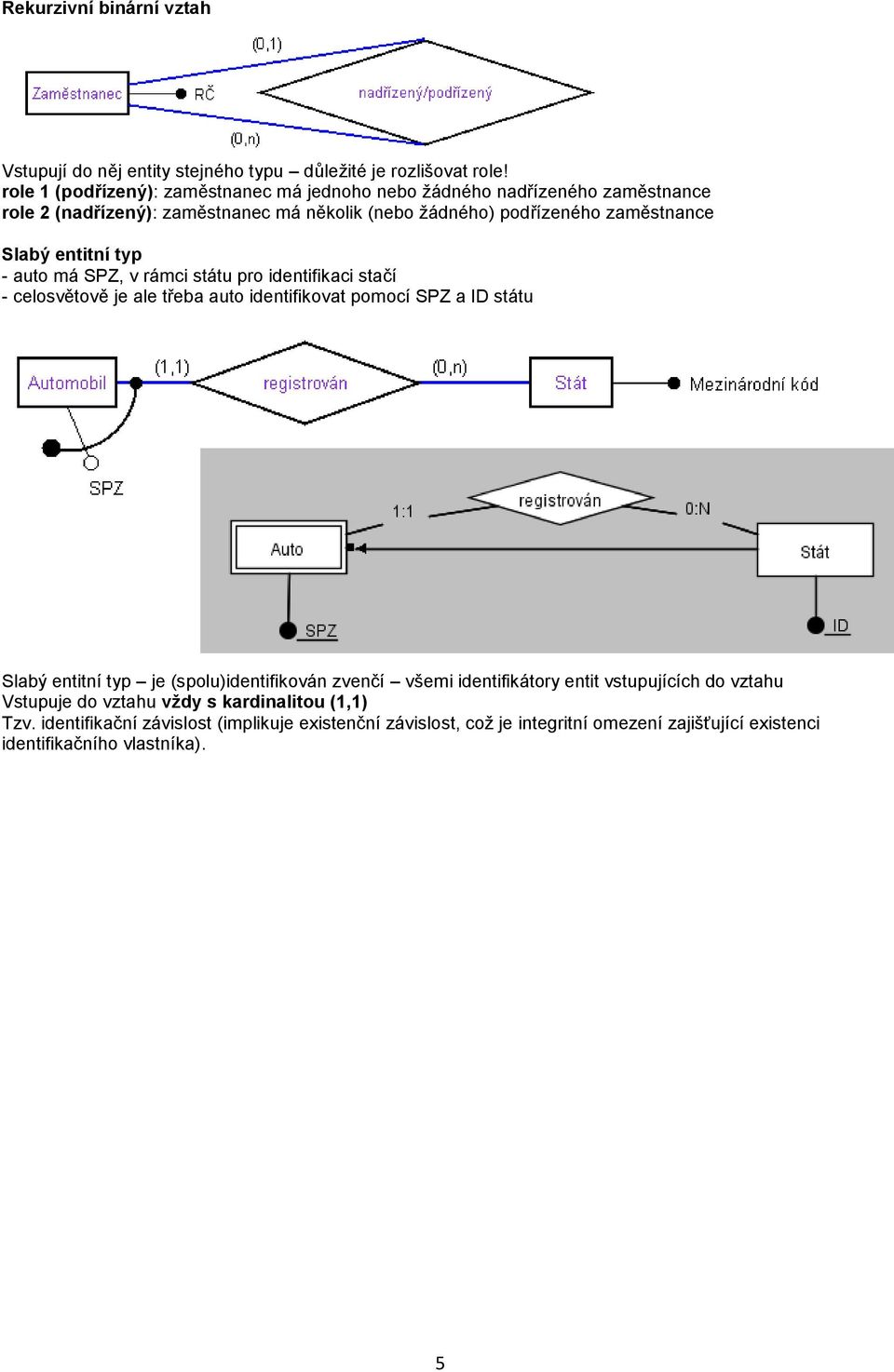 entitní typ - auto má SPZ, v rámci státu pro identifikaci stačí - celosvětově je ale třeba auto identifikovat pomocí SPZ a ID státu Slabý entitní typ je