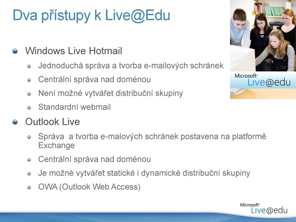 Outlook Live Správa a tvorba e-malových schránek postavena na platformě Exchange Centrální