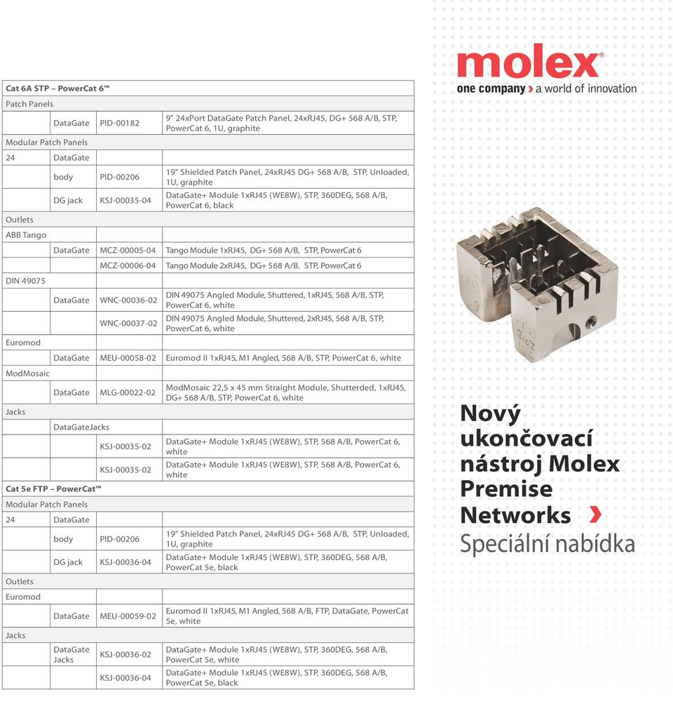 DG+ 568 A/B, STP, PowerCat 6 WNC-00036-02 Angled Module, Shuttered, 1xRJ45, 568 A/B, STP, PowerCat 6, WNC-00037-02 Angled Module, Shuttered, 2xRJ45, 568 A/B, STP, PowerCat 6, MEU-00058-02 II 1xRJ45,