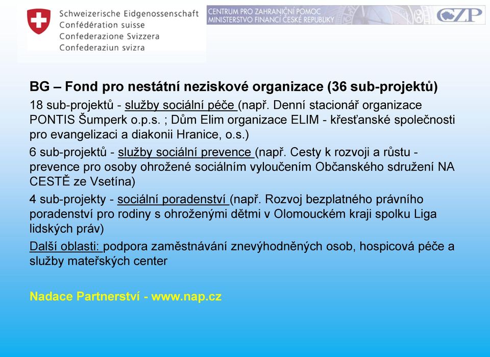 Cesty k rozvoji a růstu - prevence pro osoby ohrožené sociálním vyloučením Občanského sdružení NA CESTĚ ze Vsetína) 4 sub-projekty - sociální poradenství (např.