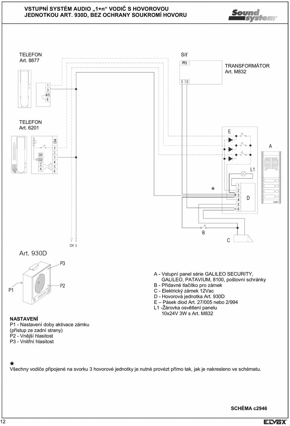 SECURITY, GALILEO, PATAVIUM, 8100, poštovní schránky B - P ídavné tla ítko pro zámek C - Elektrický zámek 12Vac D - Hovorová jednotka Art. 930D E Pásek diod Art.