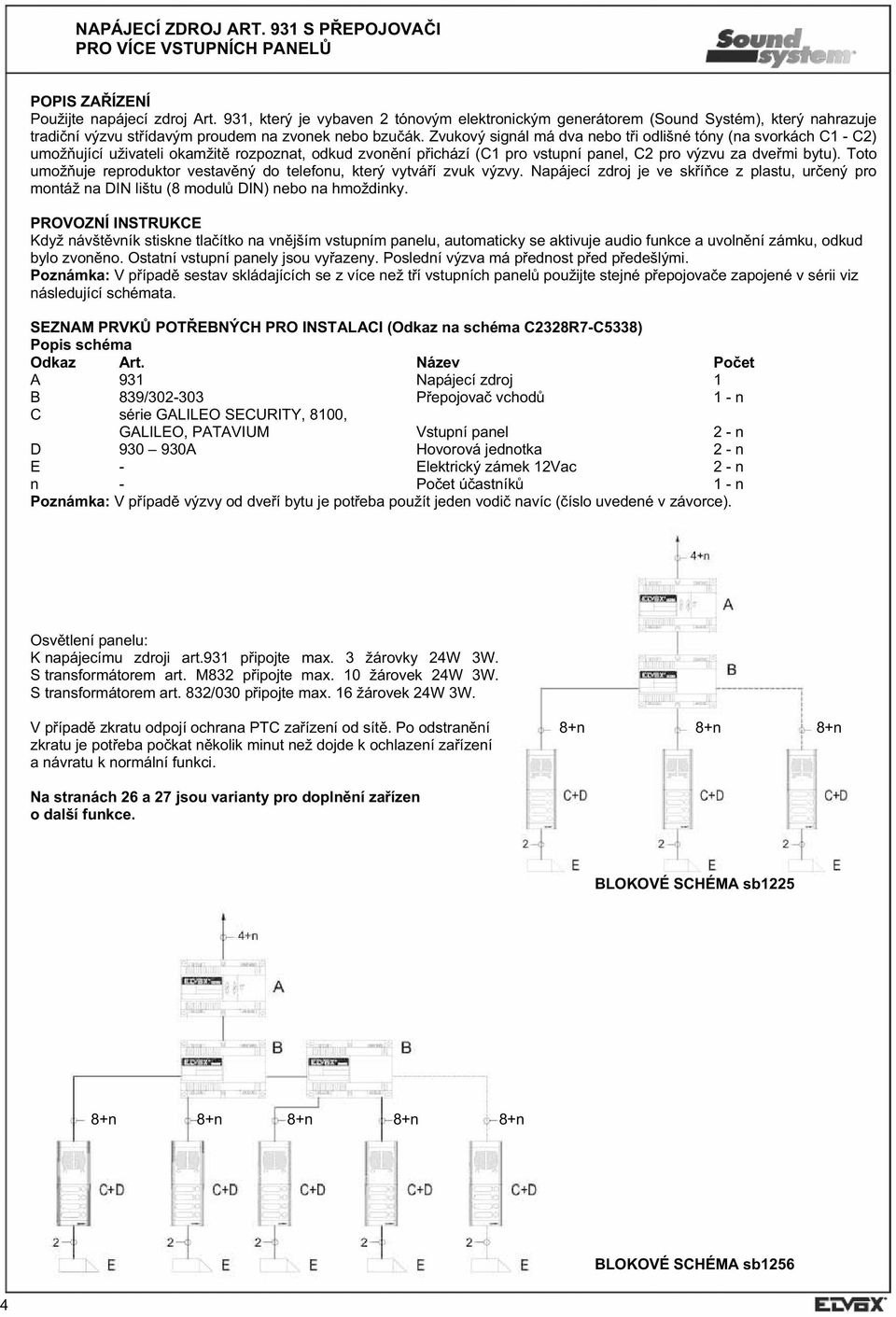 Zvukový signál má dva nebo t i odlišné tóny (na svorkách C1 - C2) umož ující uživateli okamžit rozpoznat, odkud zvon ní p ichází (C1 pro vstupní panel, C2 pro výzvu za dve mi bytu).