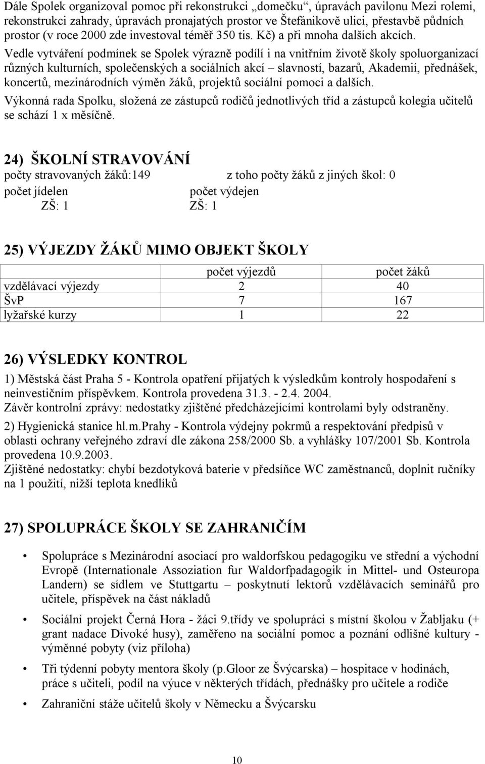 Vedle vytváření podmínek se Spolek výrazně podílí i na vnitřním životě školy spoluorganizací různých kulturních, společenských a sociálních akcí slavností, bazarů, Akademií, přednášek, koncertů,