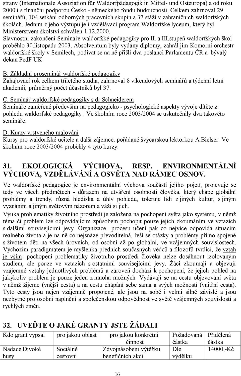 Jedním z jeho výstupů je i vzdělávací program Waldorfské lyceum, který byl Ministerstvem školství schválen 1.12.2000. Slavnostní zakončení Semináře waldorfské pedagogiky pro II. a III.