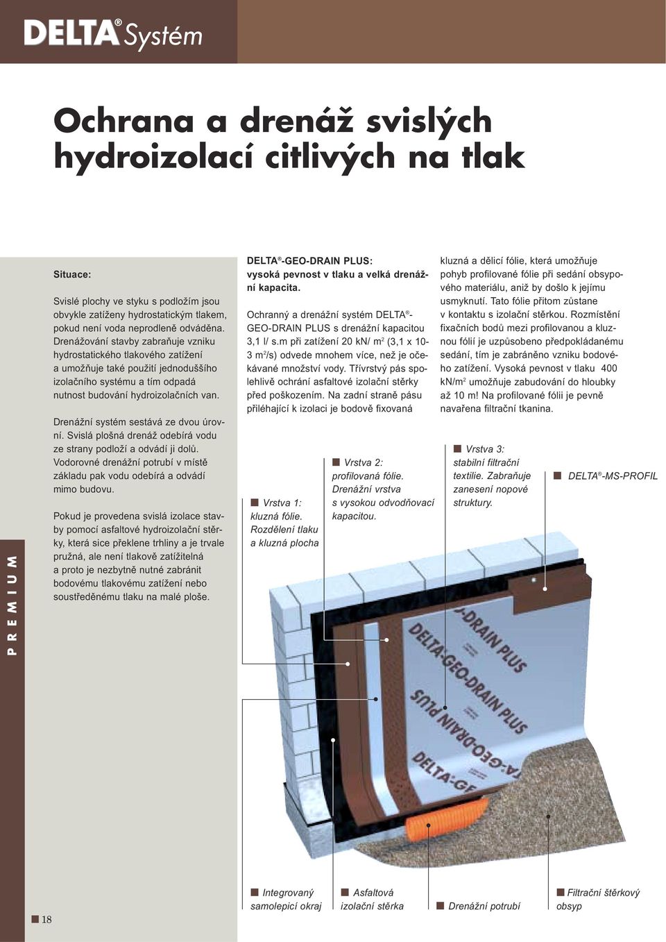 Drenážní systém sestává ze dvou úrovní. Svislá plošná drenáž odebírá vodu ze strany podloží a odvádí ji dolů. Vodorovné drenážní potrubí v místě základu pak vodu odebírá a odvádí mimo budovu.