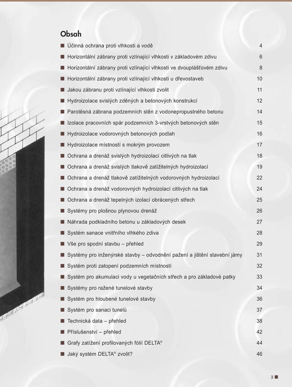 vodonepropustného betonu 14 Izolace pracovních spár podzemních 3-vrstvých betonových stěn 15 Hydroizolace vodorovných betonových podlah 16 Hydroizolace místností s mokrým provozem 17 Ochrana a drenáž