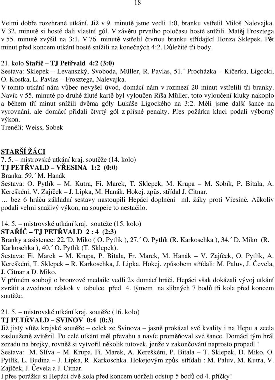 kolo Staříč TJ Petřvald 4:2 (3:0) Sestava: Sklepek Levanszký, Svoboda, Müller, R. Pavlas, 51. Procházka Kičerka, Ligocki, O. Kostka, L. Pavlas Frosztega, Nalevajka.