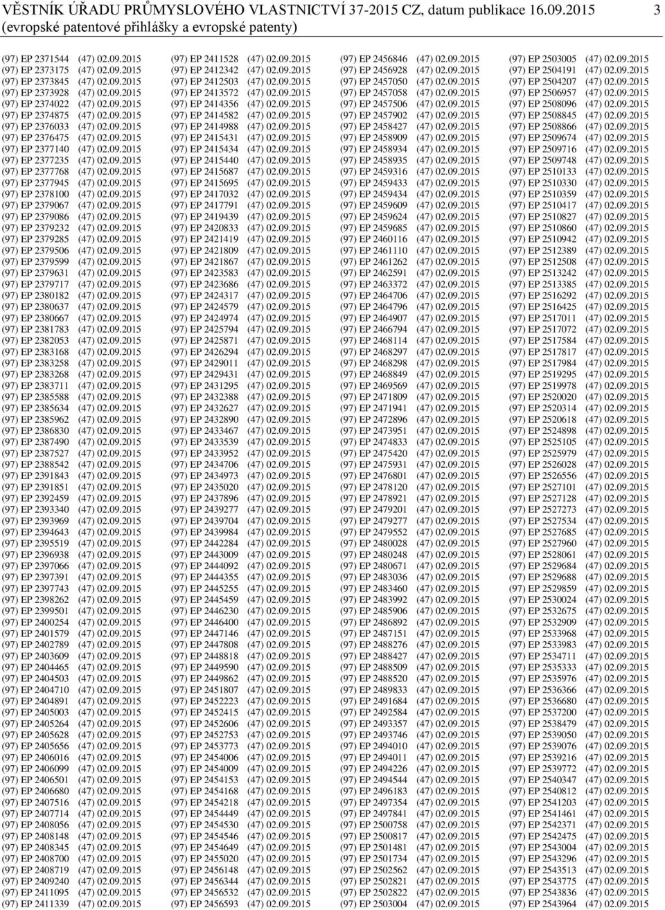09.2015 (97) EP 2377768 (47) 02.09.2015 (97) EP 2377945 (47) 02.09.2015 (97) EP 2378100 (47) 02.09.2015 (97) EP 2379067 (47) 02.09.2015 (97) EP 2379086 (47) 02.09.2015 (97) EP 2379232 (47) 02.09.2015 (97) EP 2379285 (47) 02.